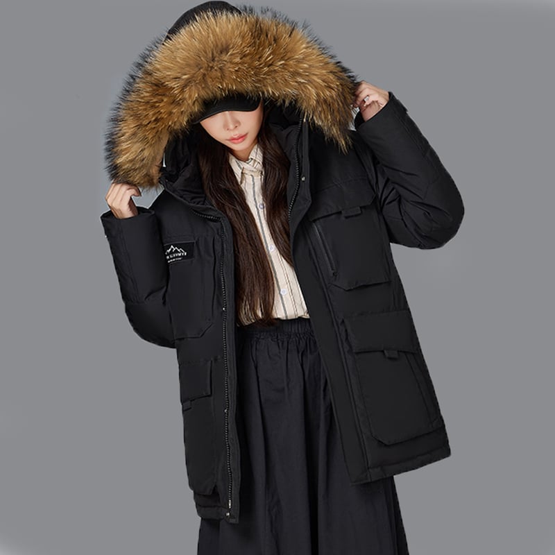 Пухено яке с пух от бяла гуска, съдържание на пух 86-90%, качулка, средна дължина, закопчаване с цип