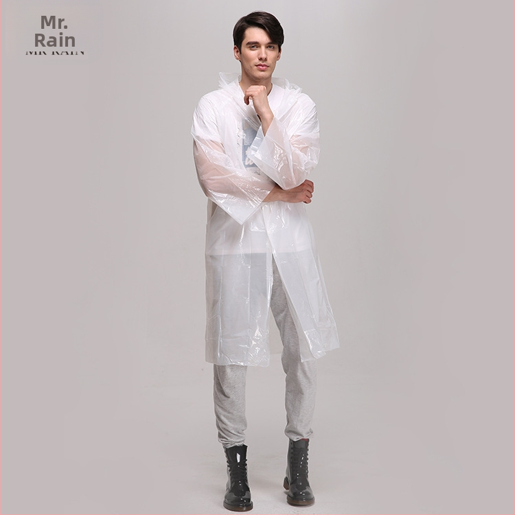 Kogu keha PE vihmariie ühekordne kasutus, pikk stiil matkamiseks, kangas paksus 0.025 mm, kaal 60 g