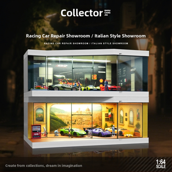 1:64 model garážovej scény auto – zmontovaný prezentačný box s osvetlením a prachotesnými ozdobami (PVC)