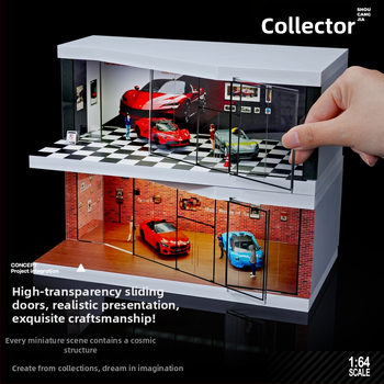 1:64 model garážovej scény auto – zmontovaný prezentačný box s osvetlením a prachotesnými ozdobami (PVC)
