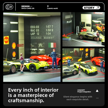 1:64 model garážovej scény auto – zmontovaný prezentačný box s osvetlením a prachotesnými ozdobami (PVC)