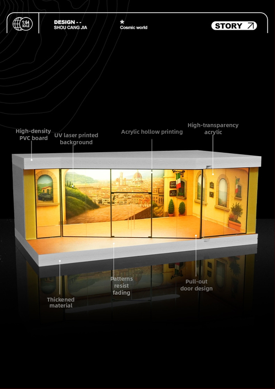 1:64 model garážovej scény auto – zmontovaný prezentačný box s osvetlením a prachotesnými ozdobami (PVC)