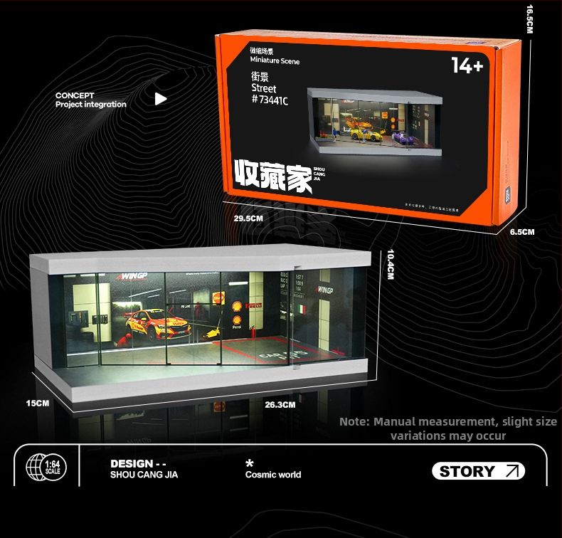 1:64 model garážovej scény auto – zmontovaný prezentačný box s osvetlením a prachotesnými ozdobami (PVC)