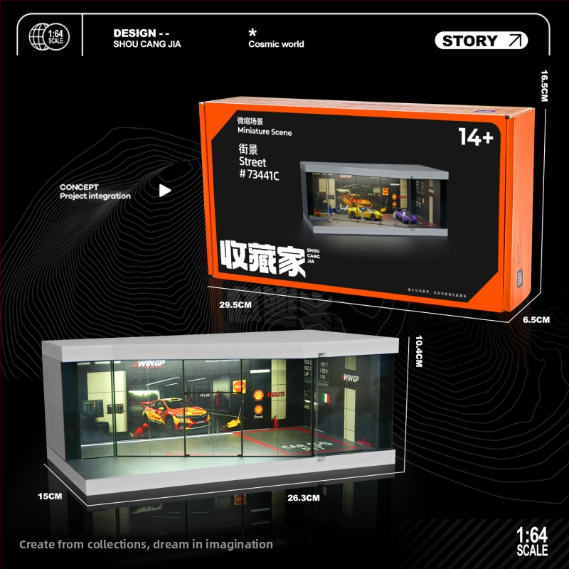 1:64 model garážovej scény auto – zmontovaný prezentačný box s osvetlením a prachotesnými ozdobami (PVC)