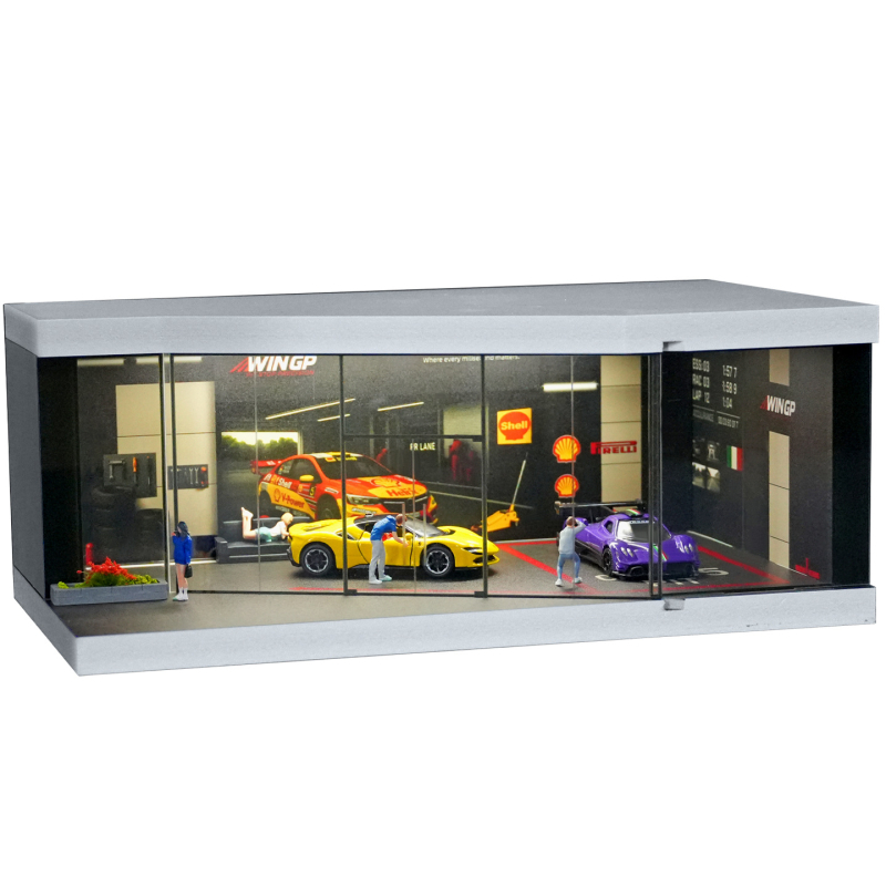 1:64 model garážovej scény auto – zmontovaný prezentačný box s osvetlením a prachotesnými ozdobami (PVC)