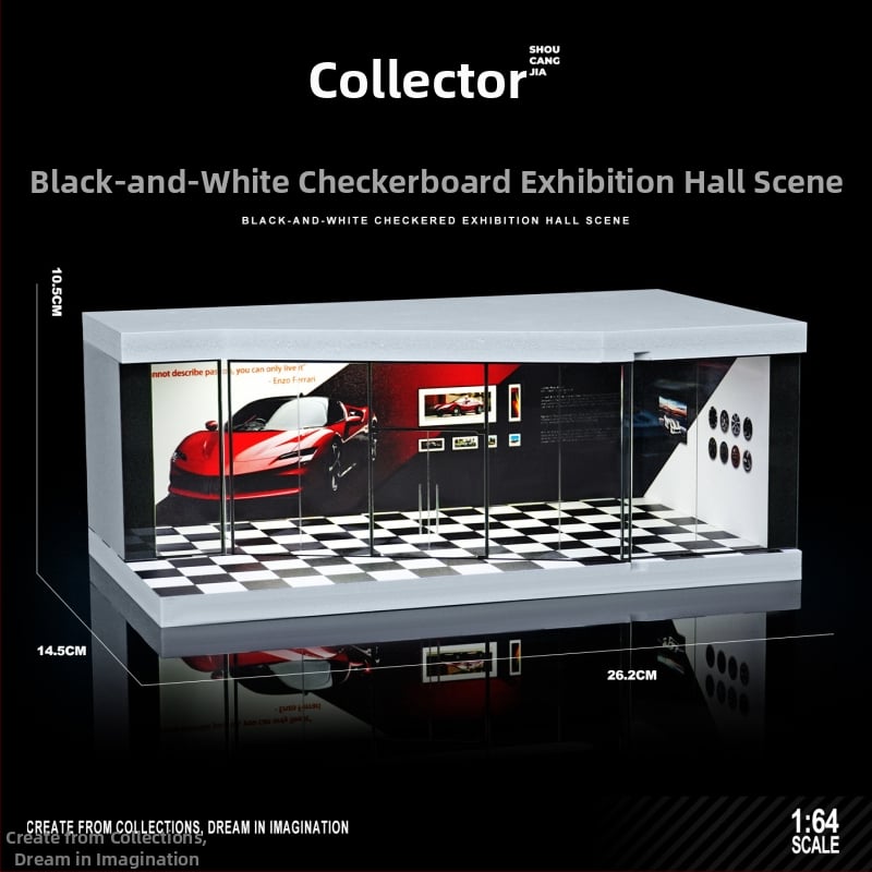 1:64 model garážovej scény auto – zmontovaný prezentačný box s osvetlením a prachotesnými ozdobami (PVC)