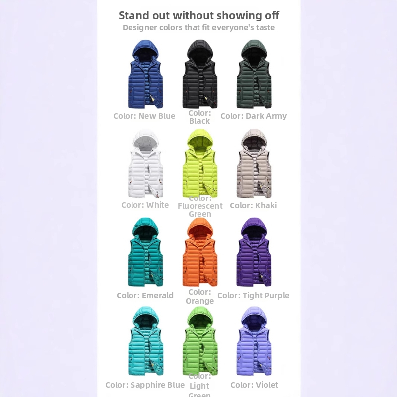 Pánska kapucňová vesta bez rukávov, hrubé bavlnené vypĺňanie, polyesterový vonkajší materiál a podšívka, úzky strih