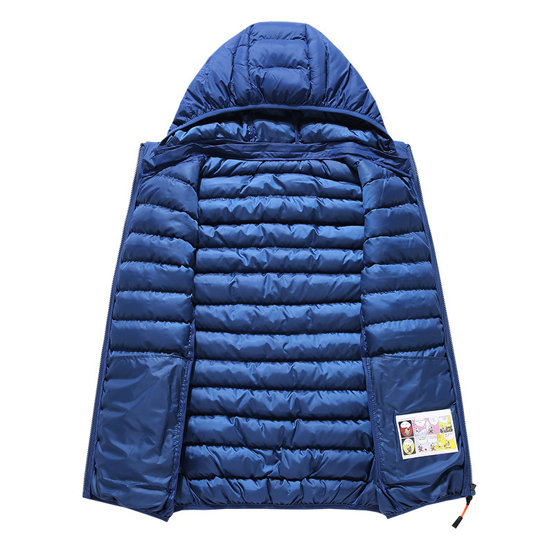 Pánska kapucňová vesta bez rukávov, hrubé bavlnené vypĺňanie, polyesterový vonkajší materiál a podšívka, úzky strih