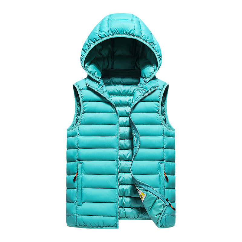 Pánska kapucňová vesta bez rukávov, hrubé bavlnené vypĺňanie, polyesterový vonkajší materiál a podšívka, úzky strih