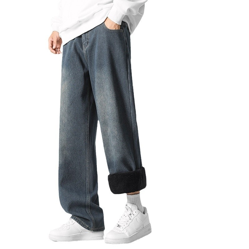 Meeste fliisvoodriga teksad, sirge lõige, tänav stiil, keskmise kõrgusega talje, tõmblukk