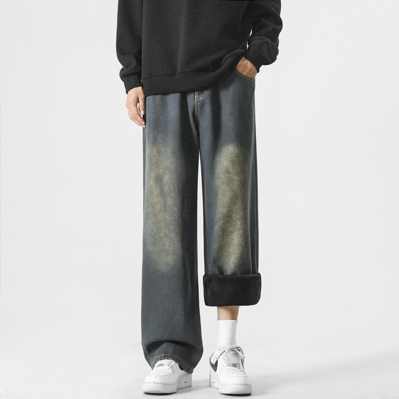 Meeste fliisvoodriga teksad, sirge lõige, tänav stiil, keskmise kõrgusega talje, tõmblukk