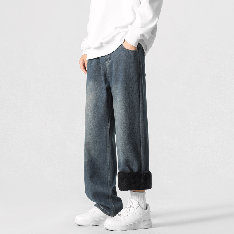 Meeste fliisvoodriga teksad, sirge lõige, tänav stiil, keskmise kõrgusega talje, tõmblukk