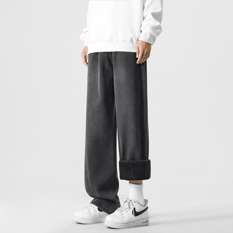 Meeste fliisvoodriga teksad, sirge lõige, tänav stiil, keskmise kõrgusega talje, tõmblukk