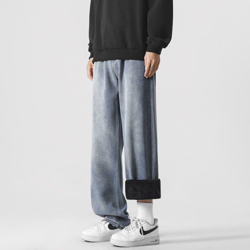 Meeste fliisvoodriga teksad, sirge lõige, tänav stiil, keskmise kõrgusega talje, tõmblukk