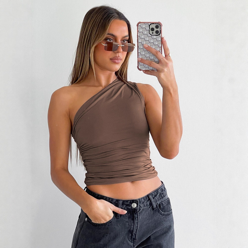 Ženski T‑shirt s jednim ramenom, otvorenih leđa, patchwork detalji, ultra kratka duljina, poliester