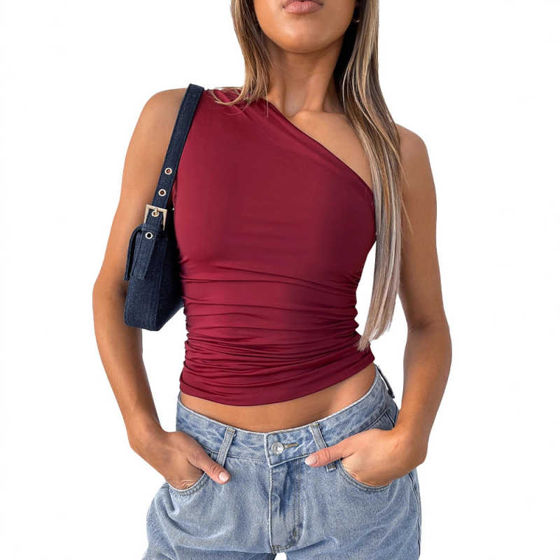 Ženski T‑shirt s jednim ramenom, otvorenih leđa, patchwork detalji, ultra kratka duljina, poliester