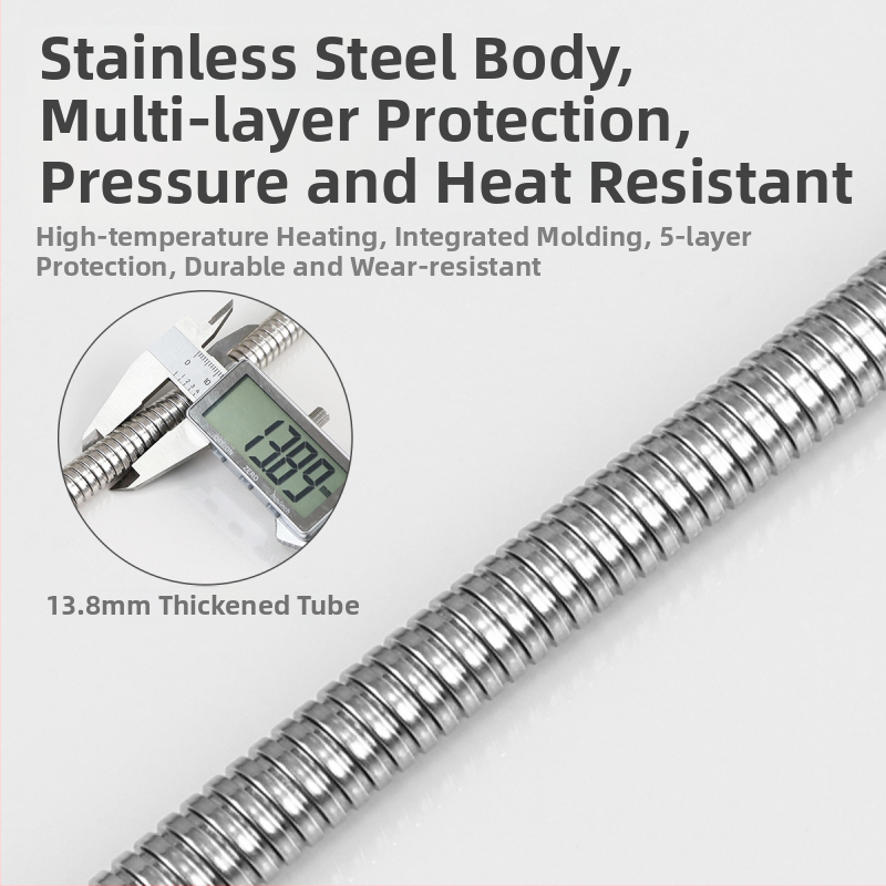 Nerezová pružinová sprchová hadica do kúpeľne, model LYG01, menovitý tlak 1.5, teplotný rozsah 20–150°C, ručné pripojenie