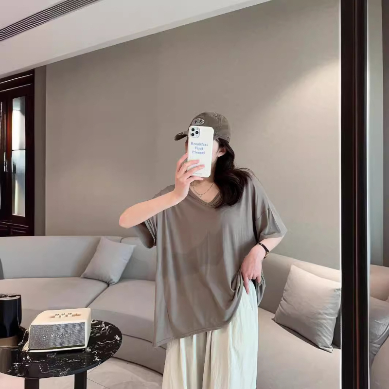 Ženska modalna majica s V-izrezom – ležerni kroj, kratki rukavi, japansko-korejski casual stil