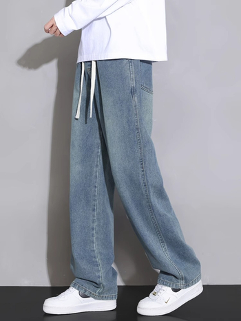 Meeste teksad sirge lõikega, pestud, keskmise talje, köisvöödiga sulgemine, denim, puuvill