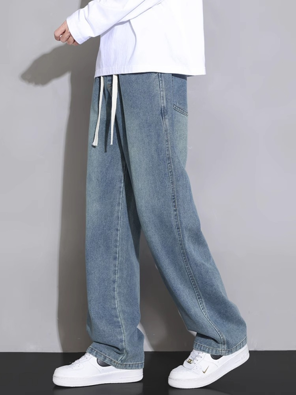 Meeste teksad sirge lõikega, pestud, keskmise talje, köisvöödiga sulgemine, denim, puuvill