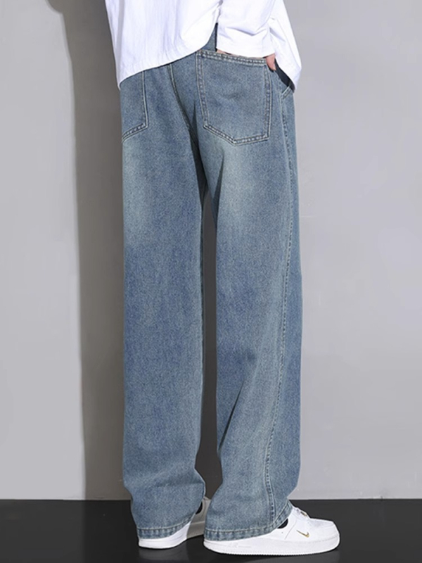 Meeste teksad sirge lõikega, pestud, keskmise talje, köisvöödiga sulgemine, denim, puuvill