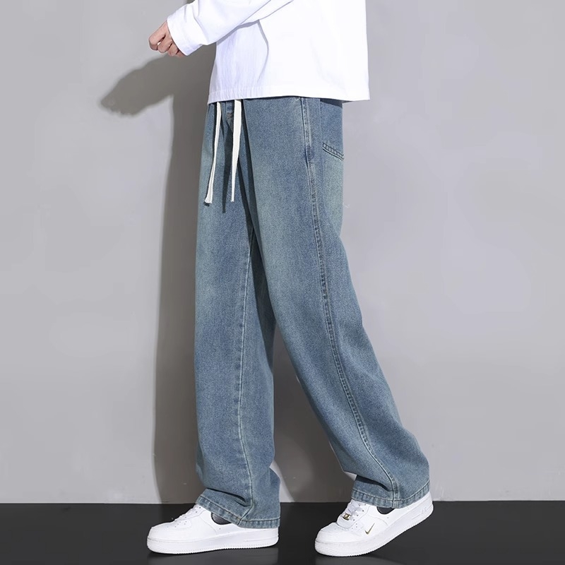 Meeste teksad sirge lõikega, pestud, keskmise talje, köisvöödiga sulgemine, denim, puuvill