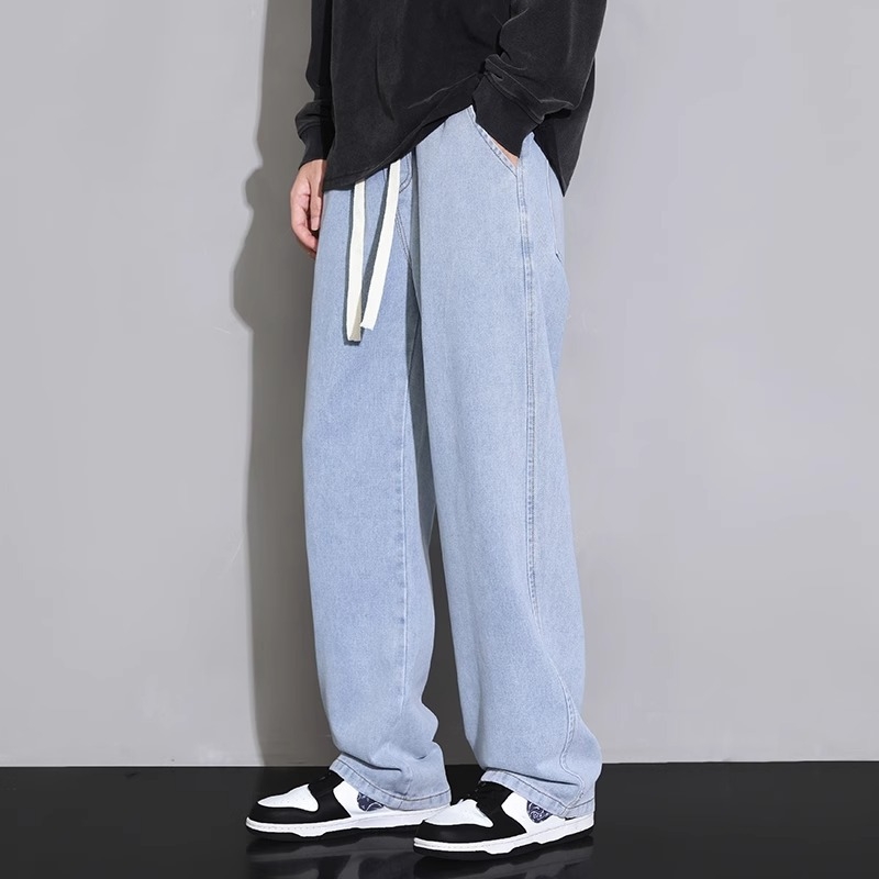 Meeste teksad sirge lõikega, pestud, keskmise talje, köisvöödiga sulgemine, denim, puuvill