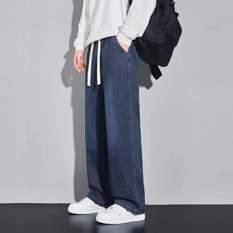 Meeste teksad sirge lõikega, pestud, keskmise talje, köisvöödiga sulgemine, denim, puuvill