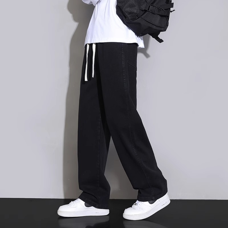 Meeste teksad sirge lõikega, pestud, keskmise talje, köisvöödiga sulgemine, denim, puuvill