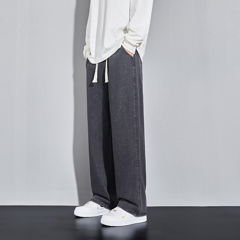 Meeste teksad sirge lõikega, pestud, keskmise talje, köisvöödiga sulgemine, denim, puuvill