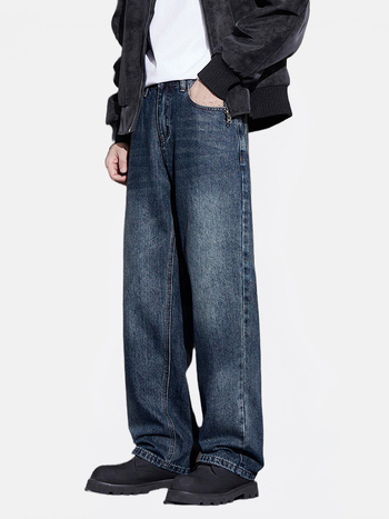 Pánske džínsy z denimu - voľný široký strih, stredná výška pásu, zips, fleecová podšívka, viac vreciek