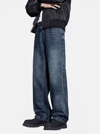 Pánske džínsy z denimu - voľný široký strih, stredná výška pásu, zips, fleecová podšívka, viac vreciek