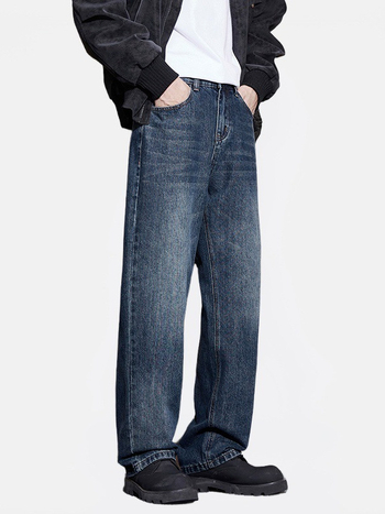 Pánske džínsy z denimu - voľný široký strih, stredná výška pásu, zips, fleecová podšívka, viac vreciek