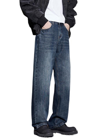 Pánske džínsy z denimu - voľný široký strih, stredná výška pásu, zips, fleecová podšívka, viac vreciek