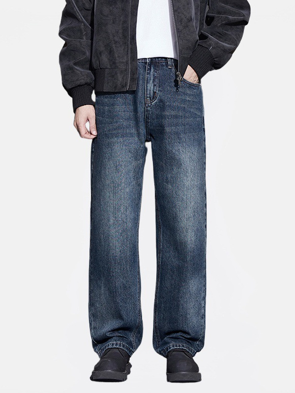 Pánske džínsy z denimu - voľný široký strih, stredná výška pásu, zips, fleecová podšívka, viac vreciek