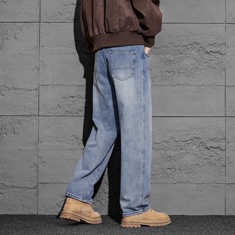 Pánske džínsy z denimu - voľný široký strih, stredná výška pásu, zips, fleecová podšívka, viac vreciek