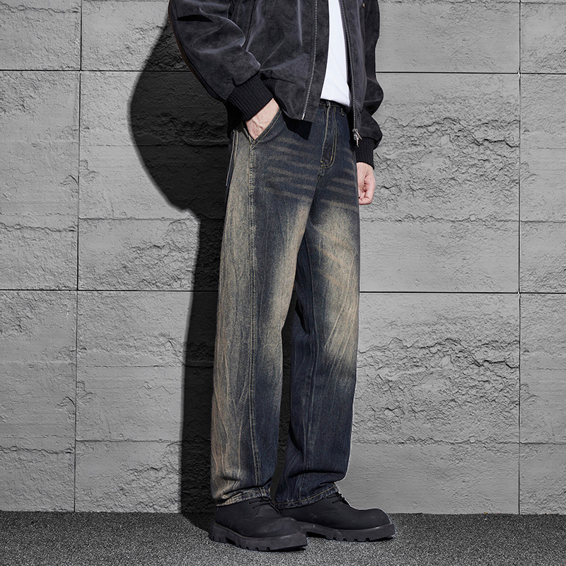 Pánske džínsy z denimu - voľný široký strih, stredná výška pásu, zips, fleecová podšívka, viac vreciek