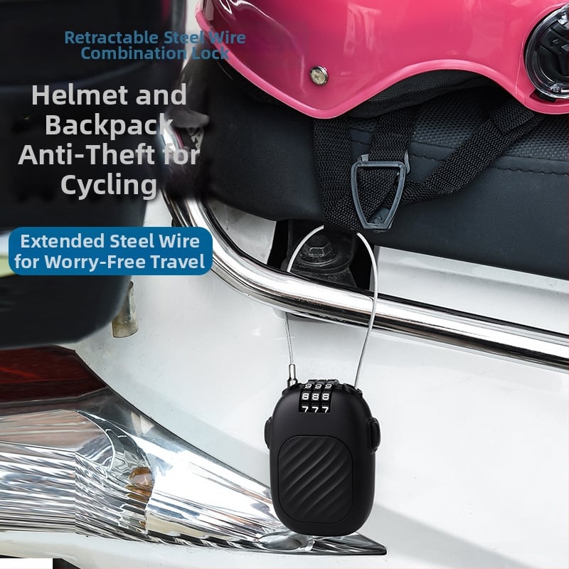 Rozťahovací číselný zámok s oceľovým drôtom pre prilbu na motorku, košík, batožinu a detské auto — 2 mm tyč, ABS plast + oceľ, model JH13