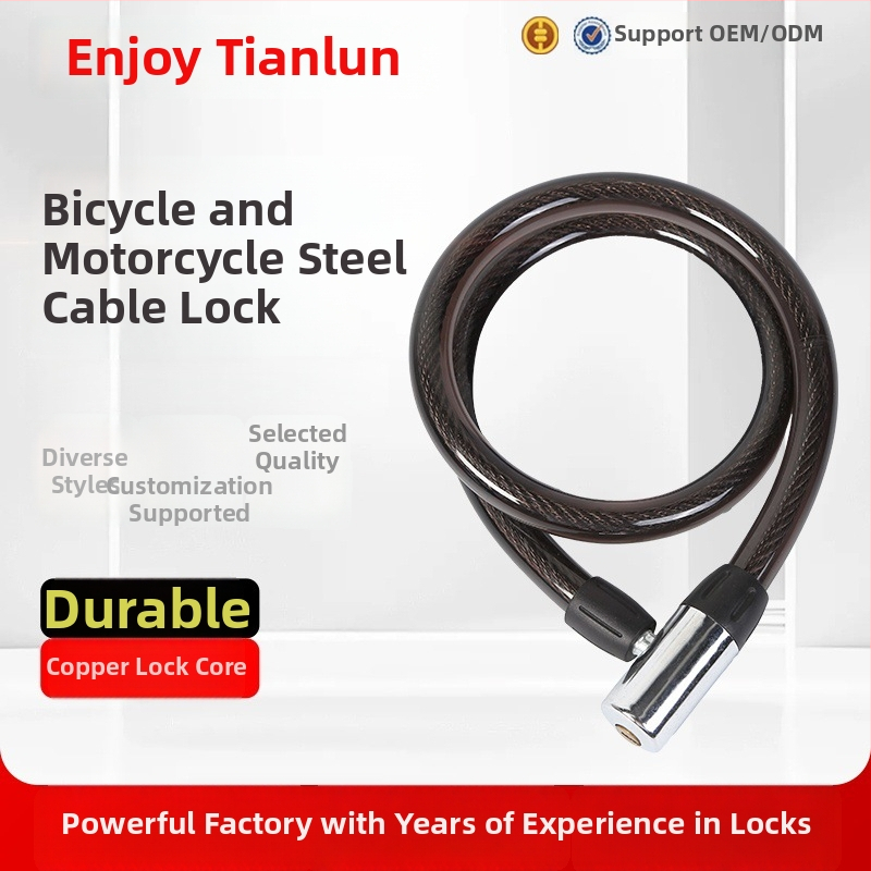 Кабелна заключалка от стомана за велосипеди и мотоциклети – модел 7101; материали: медна сплав, стомана, пластмаса, цинкова сплав и PVC; тегло 415 g; цилиндър: медно ядро, пластмасова ръкохватка; включени 2 ключа