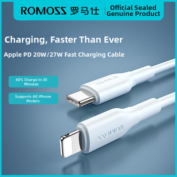 Romoss PD kiirlaadimise USB-kaabel – Lightning ja Type-C, 27W, ühildu Apple iPhone 8–14 ja iPad, TPE materjal
