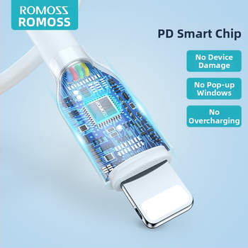 Romoss PD kiirlaadimise USB-kaabel – Lightning ja Type-C, 27W, ühildu Apple iPhone 8–14 ja iPad, TPE materjal