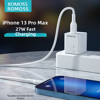 Romoss PD kiirlaadimise USB-kaabel – Lightning ja Type-C, 27W, ühildu Apple iPhone 8–14 ja iPad, TPE materjal