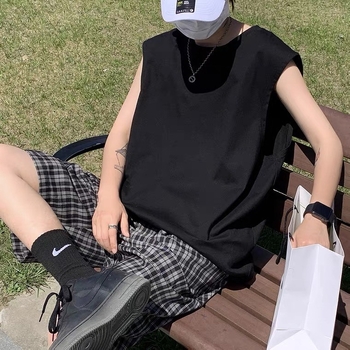 Bez rukava sportski top od pamuka, 220 g, 100% pamuk, labav kroj, džep s trodimenzionalnim zakrpom, prav završetak, tanak materijal, za tinejdžere, proljeće 2025