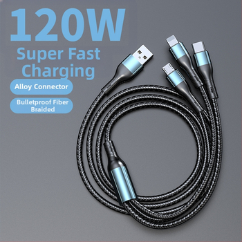Punutud 3-ühes kiirlaadimise andmekabel: Lightning, Micro USB ja Type-C; maksimaalne väljundvõimsus 120W