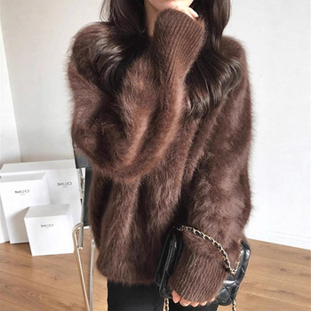 Pulover din velur imitatie mink, stil casual coreean, guler rotund gros, material poliester