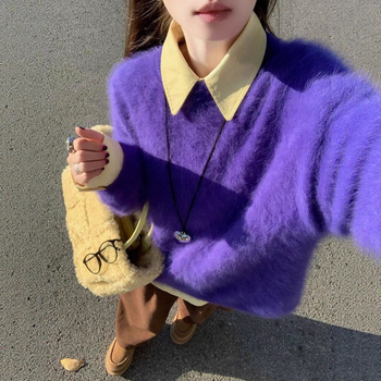 Pulover din velur imitatie mink, stil casual coreean, guler rotund gros, material poliester