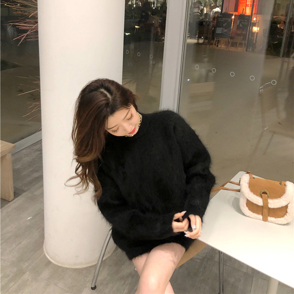 Pulover din velur imitatie mink, stil casual coreean, guler rotund gros, material poliester