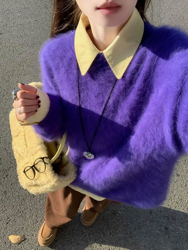 Pulover din velur imitatie mink, stil casual coreean, guler rotund gros, material poliester