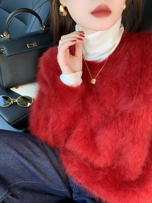 Pulover din velur imitatie mink, stil casual coreean, guler rotund gros, material poliester
