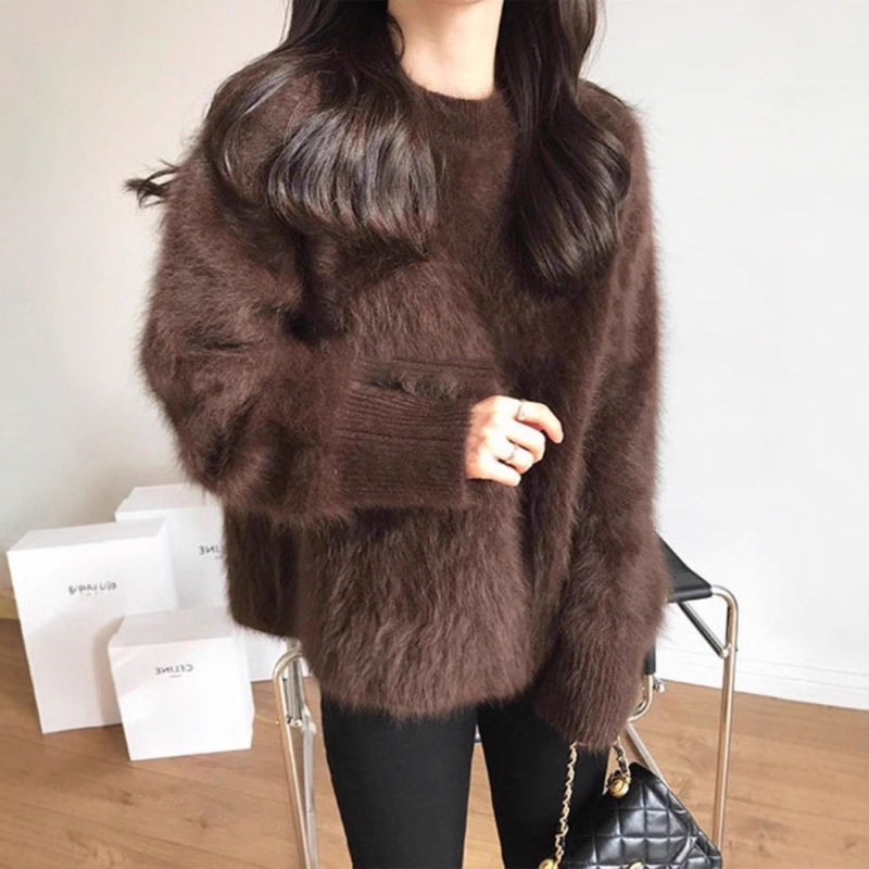 Pulover din velur imitatie mink, stil casual coreean, guler rotund gros, material poliester